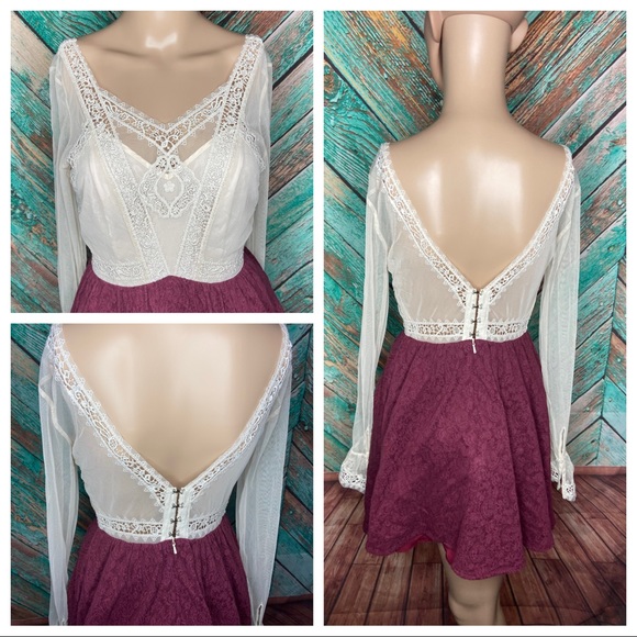 Free People Lace & Brocade Burgundy Long Sleeved Mini Dress - Picture 3 of 5